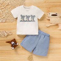 Toddler Casual 2-Piece Set, Bunny & Carrot Embroidered Short Sleeve T-Shirt With Striped Pocket Shorts