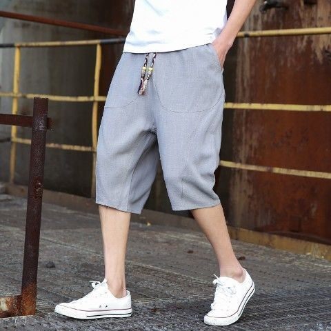 Mens Casual Loose Linen Cropped Pants