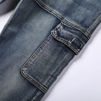 Men's Loose Straight-leg Denim Overalls With Multiple Pockets And Patchwork Design
