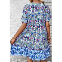 Women Casual Summer Dress Boho Drawstring V Neck Short Sleeve Floral Print Flowy Beach Dress