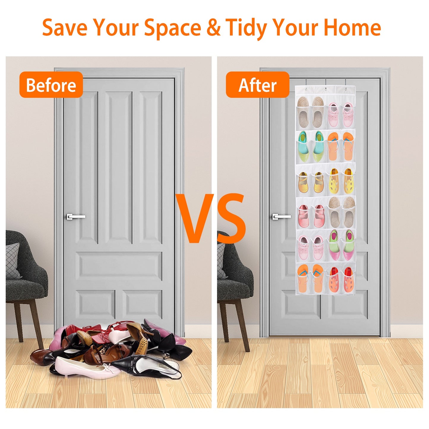 Over The Door Shoes Rack 24-Pocket Crystal Clear Organizer 6-Layer Hanging Storage Shelf For Shoes Slippers Small Toys Closet Cabinet