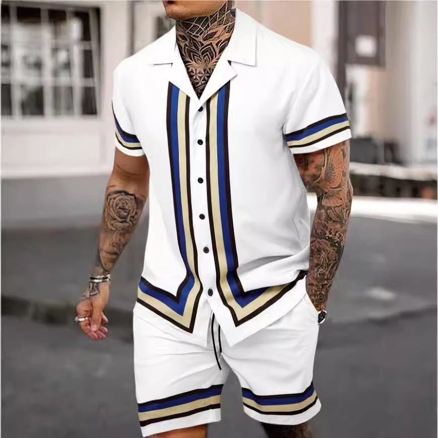 Fashion Men's Cuban Collar Shirt Two-piece Set