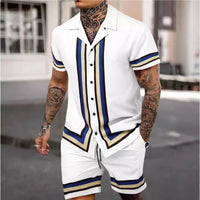 Fashion Men's Cuban Collar Shirt Two-piece Set