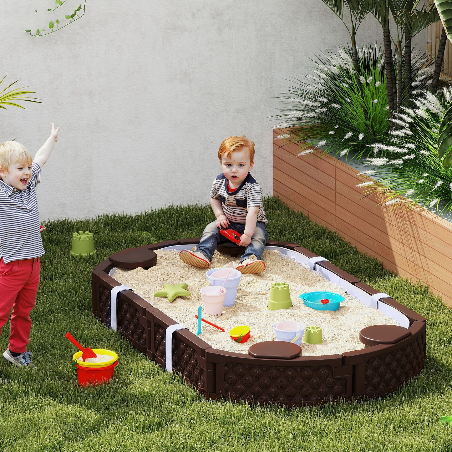 Kids Sandbox With Cover, 4 Corner Seats, Bottom Liner For Backyard, Garden, Outdoor, 71 X 42 W X 9, Dark Brown