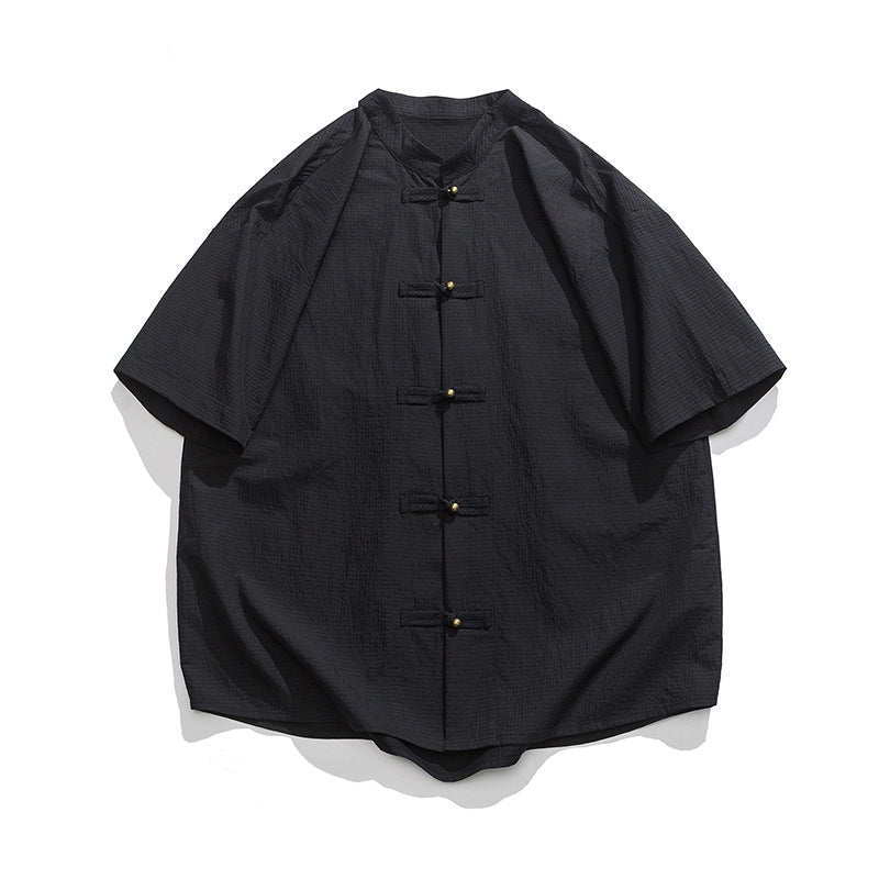 New Chinese Style Worn Looking Washed-out Stand Collar Chinese Style Shirt