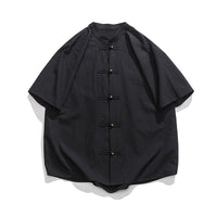 New Chinese Style Worn Looking Washed-out Stand Collar Chinese Style Shirt