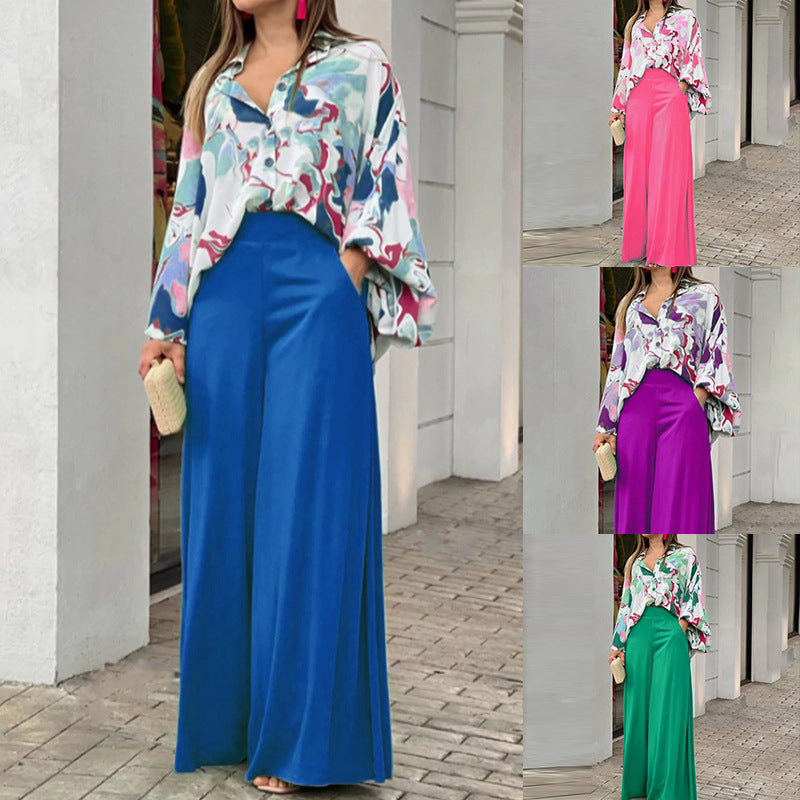 Loose And Elegant Casual Printed Shirt Top Wide Leg Pants Fashion Suit