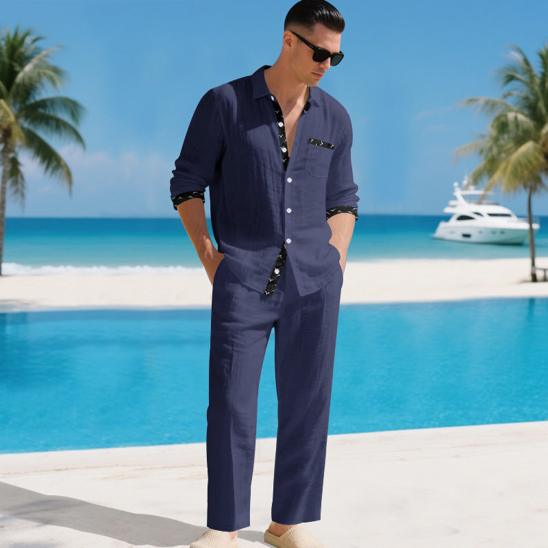Mens Linen Shirt And Pants Two-piece Set