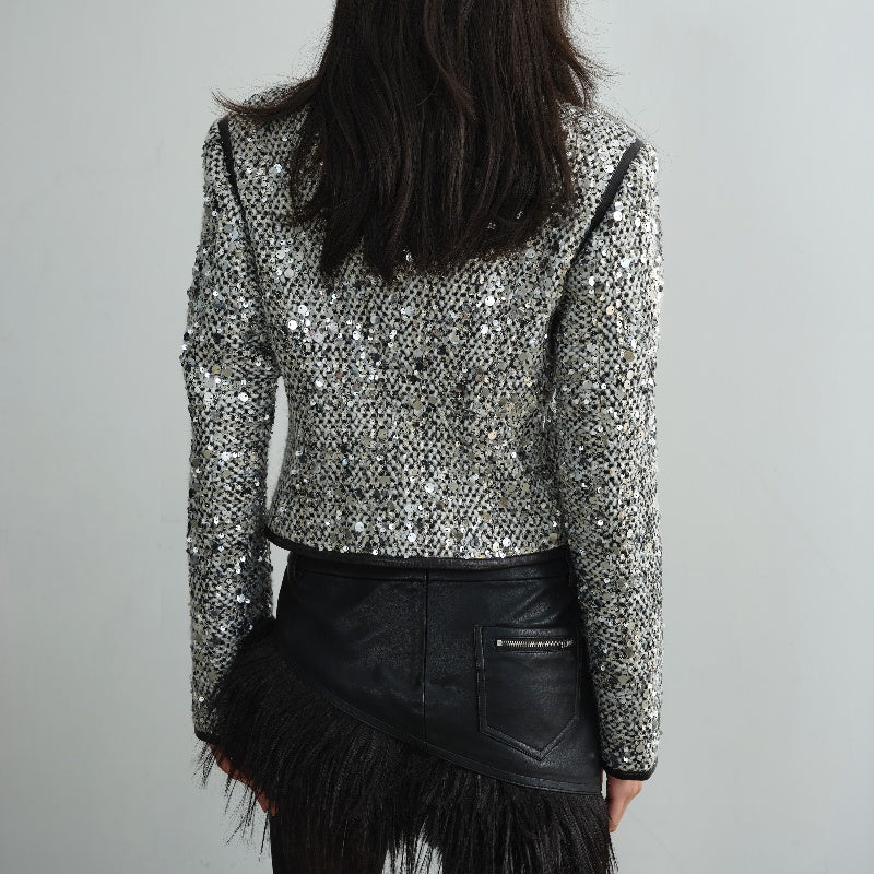 Retro Modern Urban Style Low Collar Sequined Fashionable Short Coat