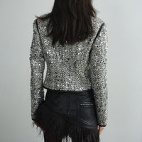 Retro Modern Urban Style Low Collar Sequined Fashionable Short Coat
