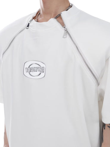 Design Sense Men's White Short-sleeved T-shirt With Zipper Stitching