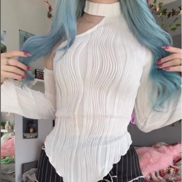 Long-sleeve Slash-neck Halter-style Street-style Spicy-girl T-shirt