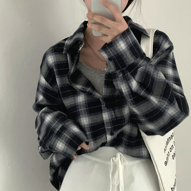 BF Style Loose Mid-length Shirt Plaid Long Sleeve Shirt
