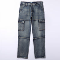 Men's Loose Straight-leg Denim Overalls With Multiple Pockets And Patchwork Design
