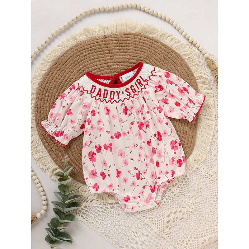 Infant Girls' Floral Smocked Romper 'DADDY'S Girl' Embroidery Short Sleeve Crew Neck Adorable Princess Party Bodysuit