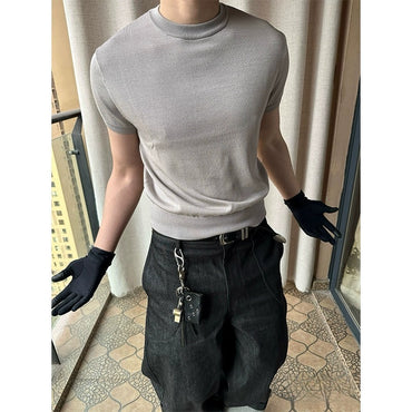 Fitness Muscle-showing Thread Cuff-closing T-shirt Knitted Slim Fit Short Sleeve Men Clothing