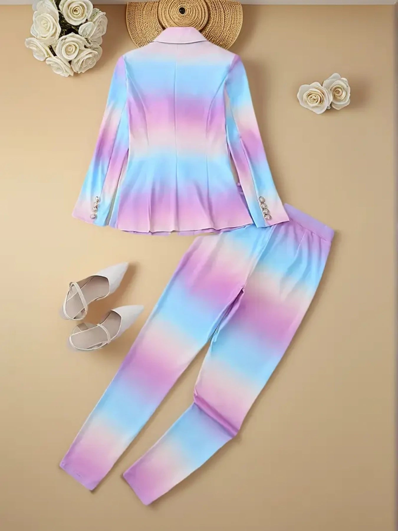 Gradient Color Elegant Suit Jacket Set, Women’s Suit Pants Set, Double Breasted Flip Leader Suit Jacket And Pants Clothing, Fashionable Women’s Clothing