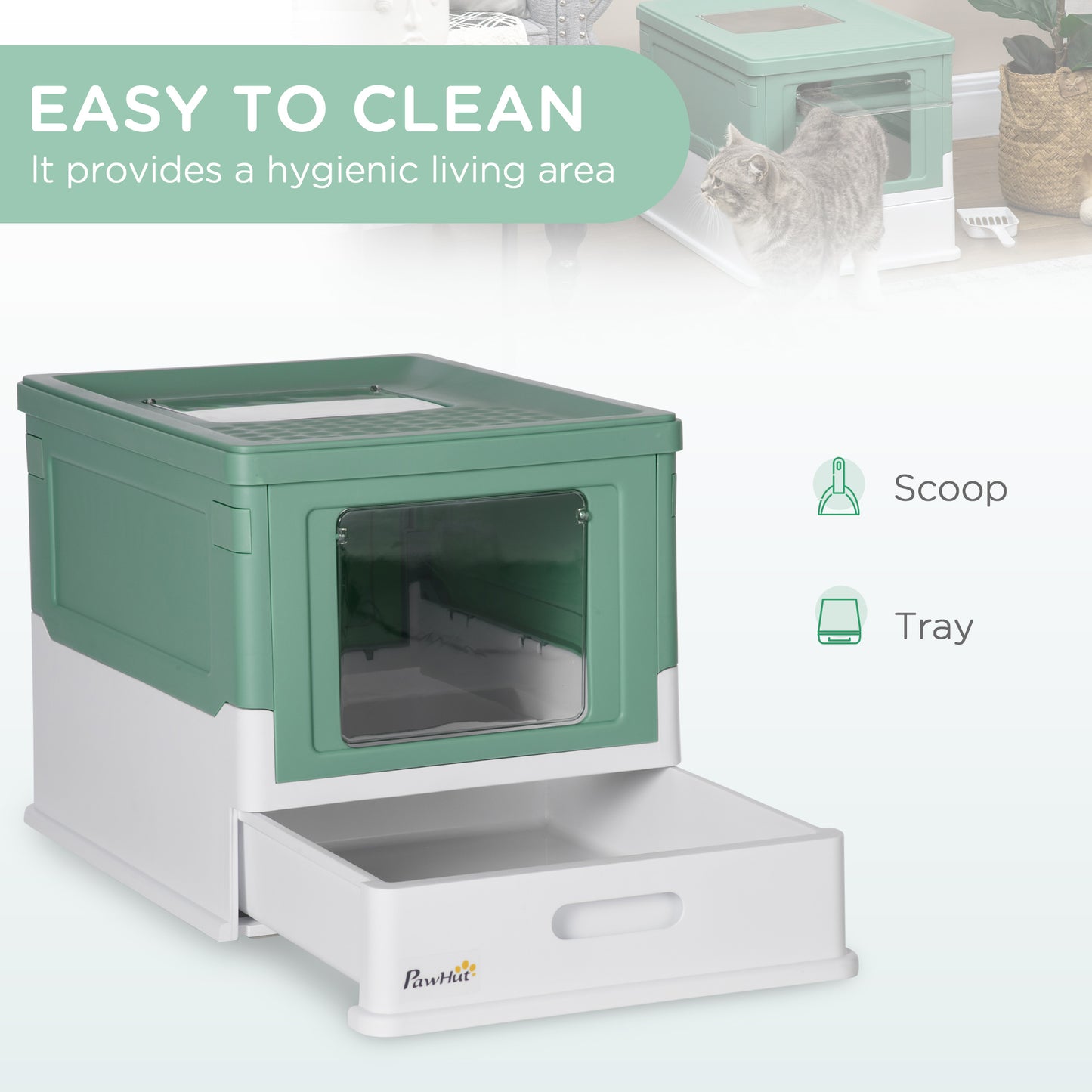 Fully Enclosed Cat Litter Box with Front Entry and Top Exit, Plastic, Green & White