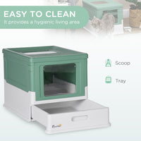 Fully Enclosed Cat Litter Box with Front Entry and Top Exit, Plastic, Green & White