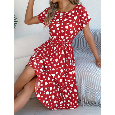 Women's Heart Print Midi Dress - Crew Neck Short Sleeve Belted Pleated Sundress