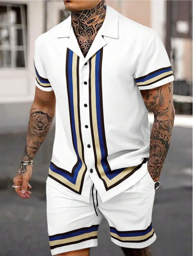 Fashion Men's Cuban Collar Shirt Two-piece Set