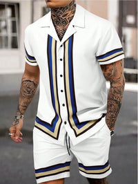 Fashion Men's Cuban Collar Shirt Two-piece Set