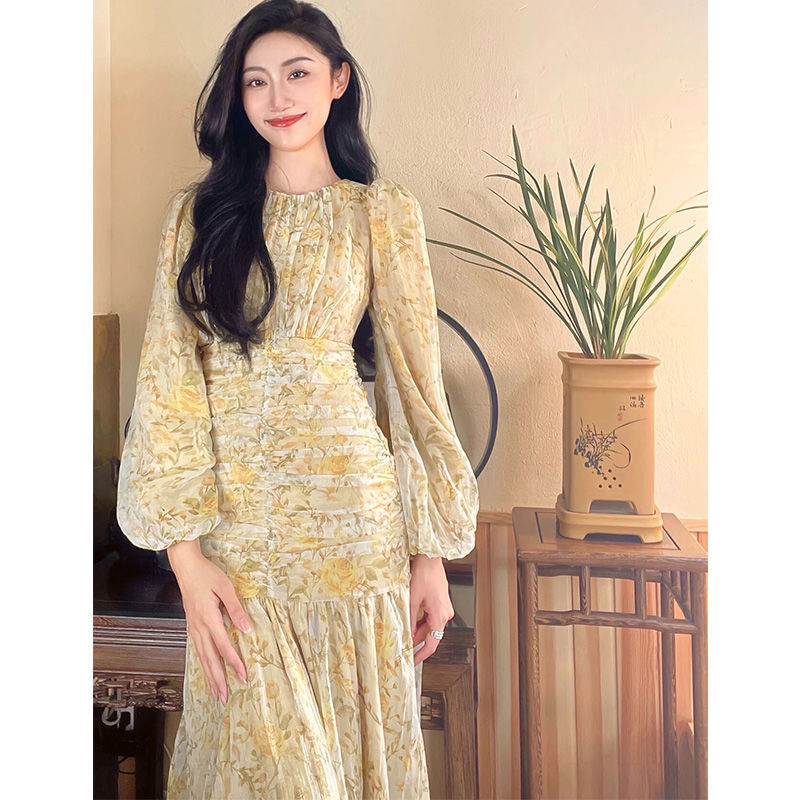 French Style  Style Long Sleeve Floral Dress Fashion High-end Temperament