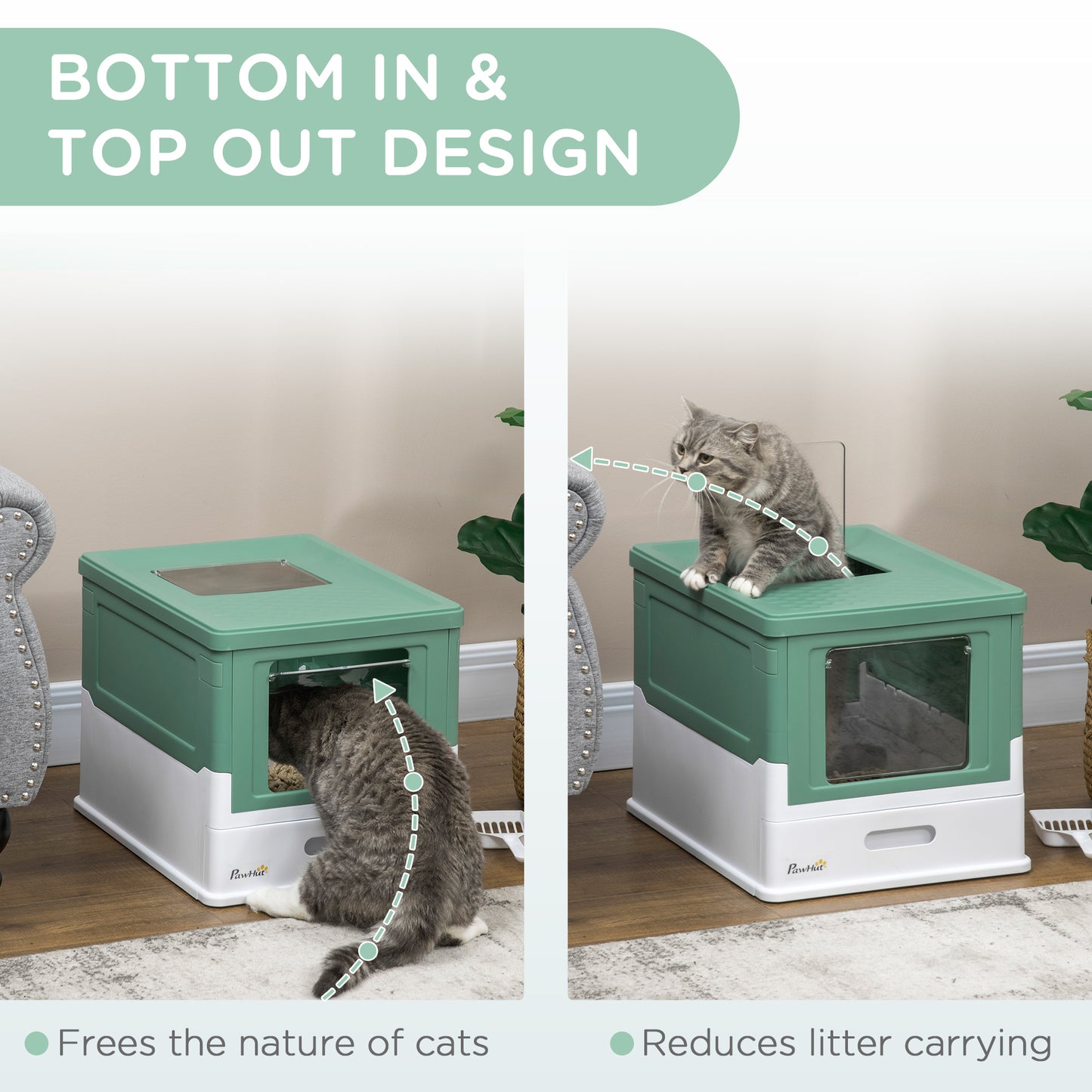 Fully Enclosed Cat Litter Box with Front Entry and Top Exit, Plastic, Green & White