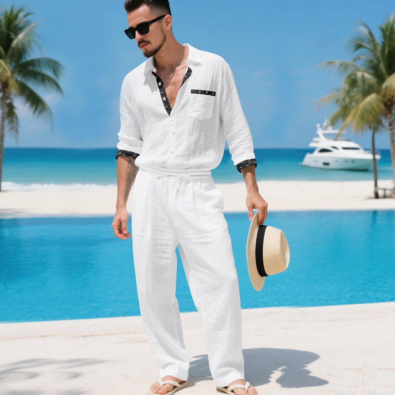 Mens Linen Shirt And Pants Two-piece Set