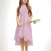 Halter Sleeveless Chiffon Short Front And Long Back Girls' Dress