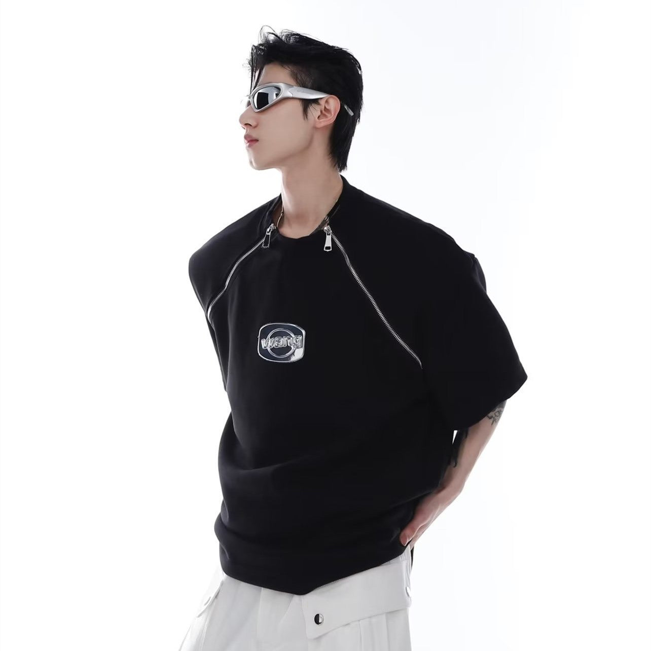 Design Sense Men's White Short-sleeved T-shirt With Zipper Stitching