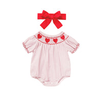 Newborn Baby Girls' Valentine's Day Smocked Romper Short Sleeve Heart Embroidery Jumpsuit Casual Cute Romper