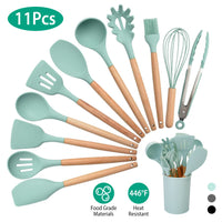 2 Color Options -- Set Of 11Pcs Silicone Cooking Utensil Set Heat Resist Wooden Handle Silicone Spatula Turner Ladle Spaghetti Server Tongs Spoon Egg Kitchenware Set With Holder