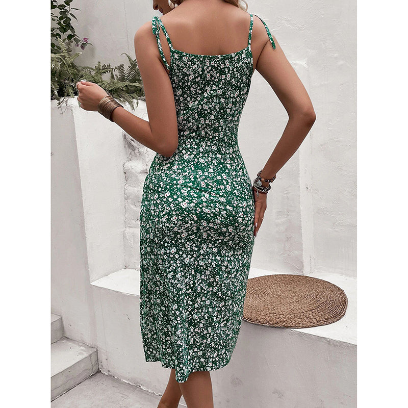 Women's Floral Print Tie Shoulder Split Thigh Sleeveless Boho Cami Dress