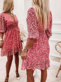 V-neck Printed Dress With Ruffled Sleeves And Waist-exquisite And Elegant Design For Women-perfect For Women's Wear In Spring And Autumn.