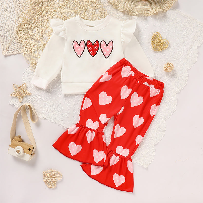Toddler Girl's Heart Print 2-Piece Set, Crewneck Long Sleeve Ruffle Top & Flare Leg Pants