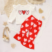 Toddler Girl's Heart Print 2-Piece Set, Crewneck Long Sleeve Ruffle Top & Flare Leg Pants