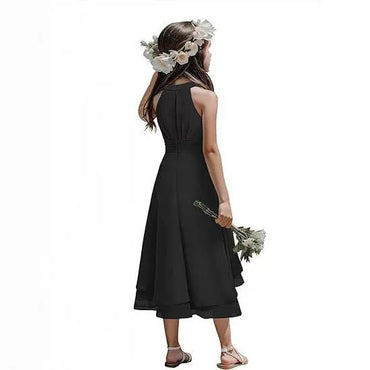 Halter Sleeveless Chiffon Short Front And Long Back Girls' Dress