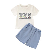 Toddler Casual 2-Piece Set, Bunny & Carrot Embroidered Short Sleeve T-Shirt With Striped Pocket Shorts