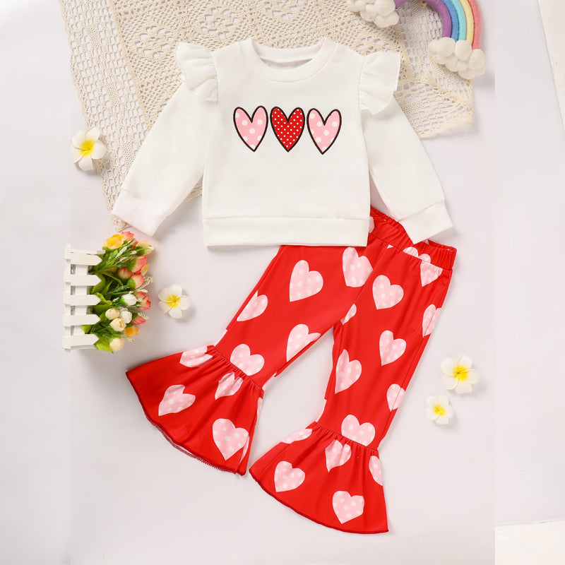 Toddler Girl's Heart Print 2-Piece Set, Crewneck Long Sleeve Ruffle Top & Flare Leg Pants
