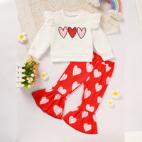 Toddler Girl's Heart Print 2-Piece Set, Crewneck Long Sleeve Ruffle Top & Flare Leg Pants