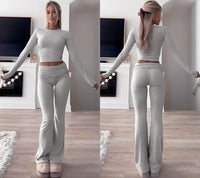 Leisure Sports Two-piece Set, Long Sleeved High Waisted Foldable Flared Pants, Sports Suit, Streetwear