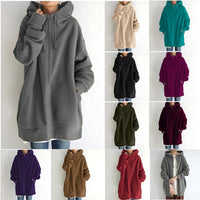 Oversized S-5XL Women Loose Hooded Coats Autumn Female Tie Collar Long Sleeve Zipper Up Add Velvet Long Sweatshirt