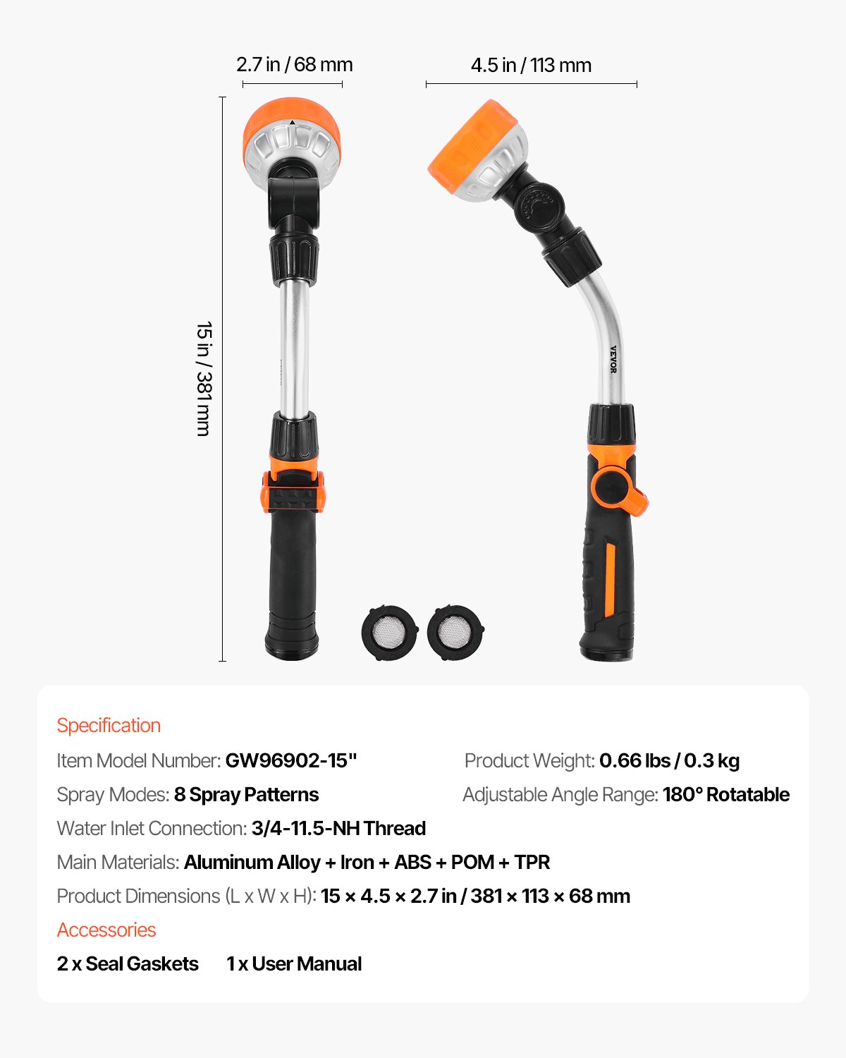 Heavy Duty Garden Hose Wand 15-Inch Long With 8 Spray Patterns & Swivel Head