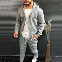 Mens Fashion Solid-Color Casual Hooded Cardigan Set