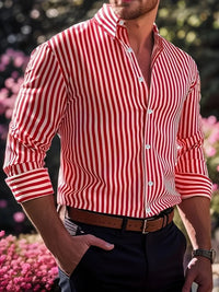 Ins Stripe Printed Long Sleeve Shirt Men Fashion Casual Lapel Button Top Clothing