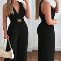 Resort-style Wide-leg Pants With A Crossover V-neck And Metal Buckle Waist