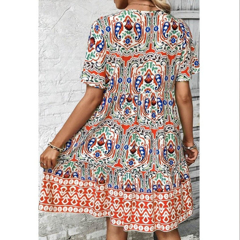 Women Casual Summer Dress Boho Drawstring V Neck Short Sleeve Floral Print Flowy Beach Dress