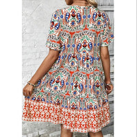 Women Casual Summer Dress Boho Drawstring V Neck Short Sleeve Floral Print Flowy Beach Dress