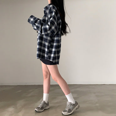 BF Style Loose Mid-length Shirt Plaid Long Sleeve Shirt